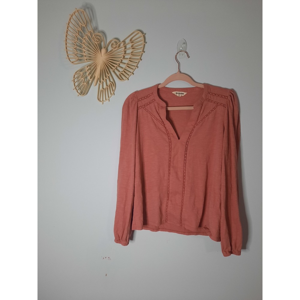 Boden Pink Slub Cotton Lace Trim Split Neck Long Sleeve Blouse Top US 8